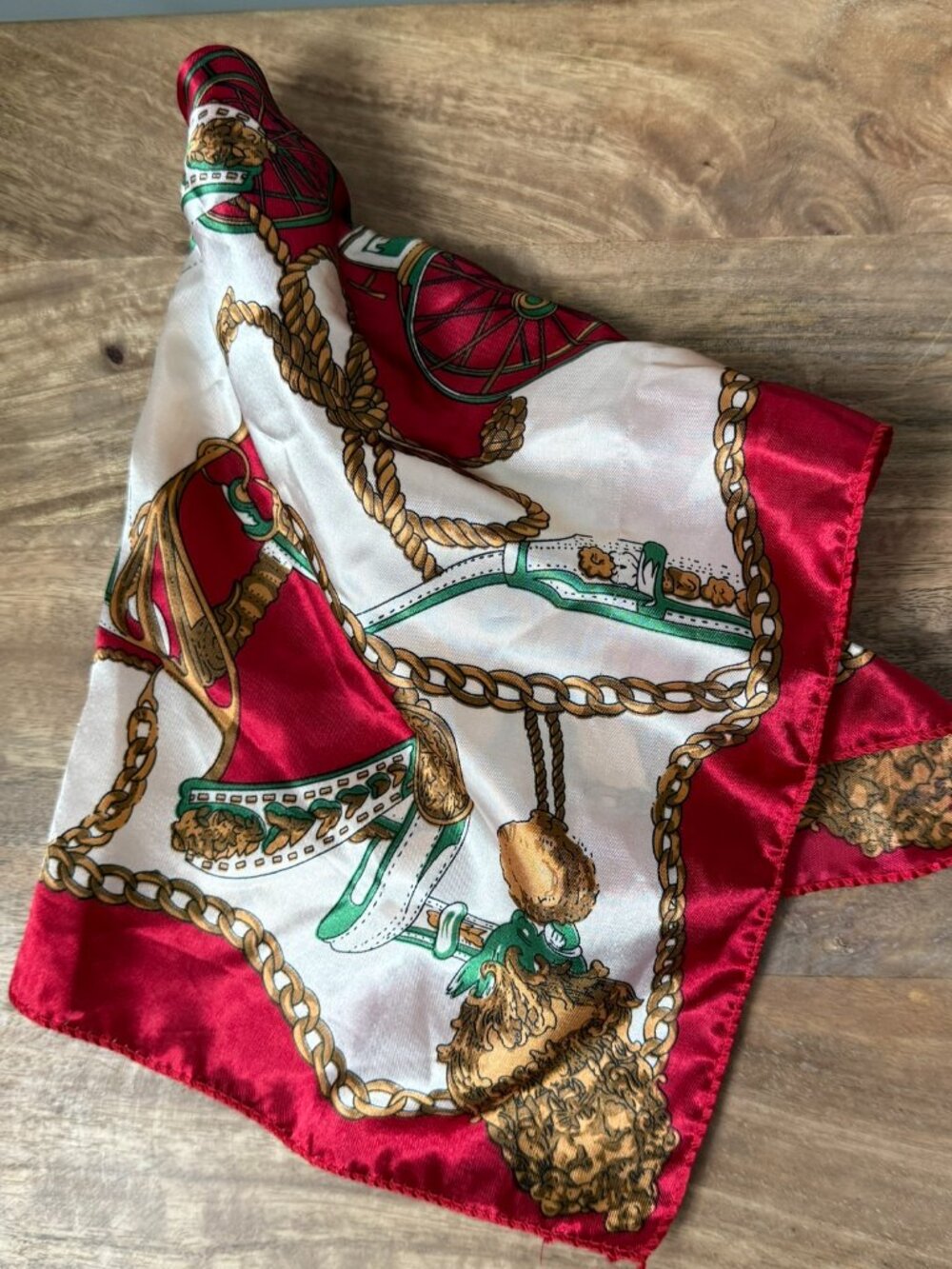VINTAGE Equestrian Carriage Rope & Chain Border Square Scarf Silk Feel